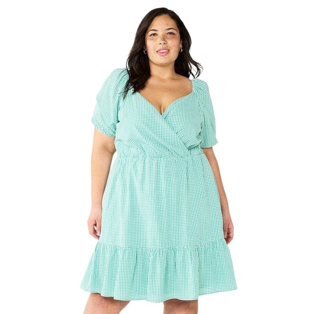 Draper James XXL Dress‎ Green Gingham Surplice Cotton Puff Sleeve Tiered 1827